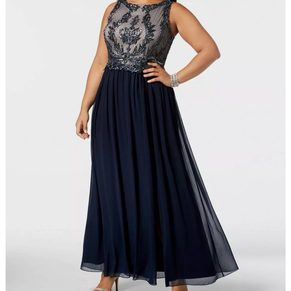 Navy blue formal gown with beaded bodice